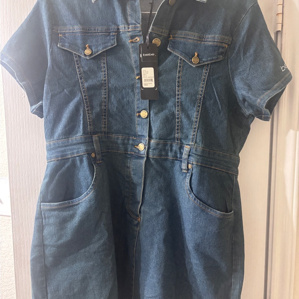 Bebe Blue Denim Button-Up Jumpsuit